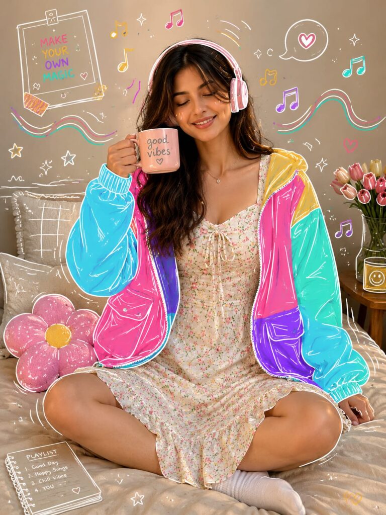 Colorful Doodle AI Prompt | Cozy Aesthetic Girl Portrait