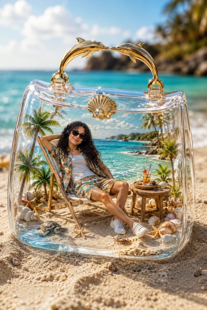 Luxury Beach Bag AI Prompt | Tropical Vacation Mini World