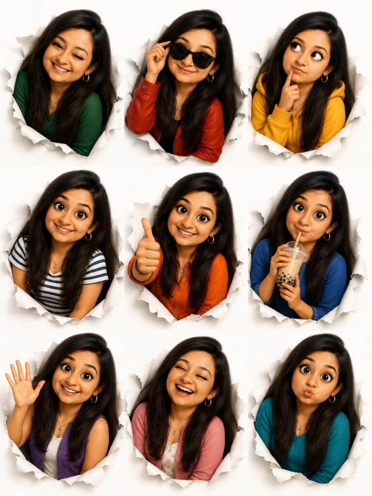 Cute Big Eyes Cartoon Portrait Grid AI Prompt | Viral Sticker Style