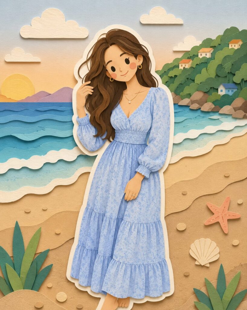 Paper Cut Beach Girl Portrait Art Illustration Prompt